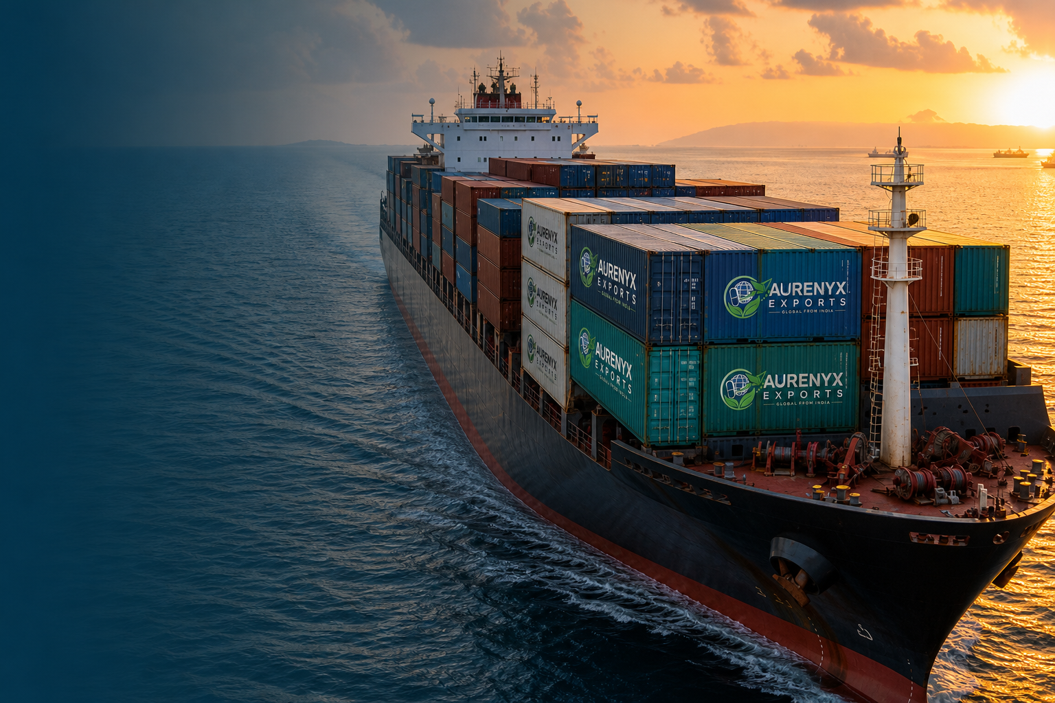 Ocean cargo ship with Aurenyx Exports branded shipping containers